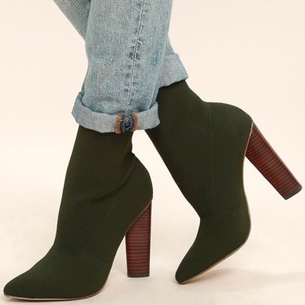Women’s Olive Green Stretch Sock Booties with Stacked Heel